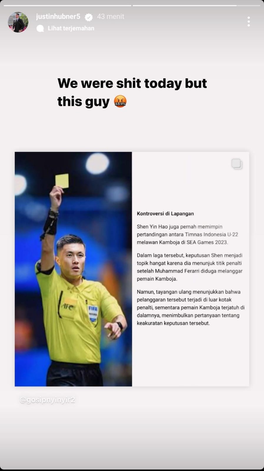 Reaksi Justin Hubner usai Indonesia U-23 dirugikan wasit/Sumber: IG @justinhubner5