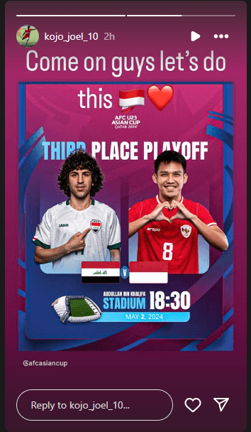 Instastory Joel Kojo, Pemain Kirgistan Pamer Dukung Timnas Indonesia U-23 di AFC U-23