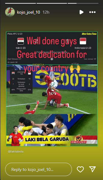 Instastory Joel Kojo, Pemain Kirgistan Pamer Dukung Timnas Indonesia U-23 di AFC U-23