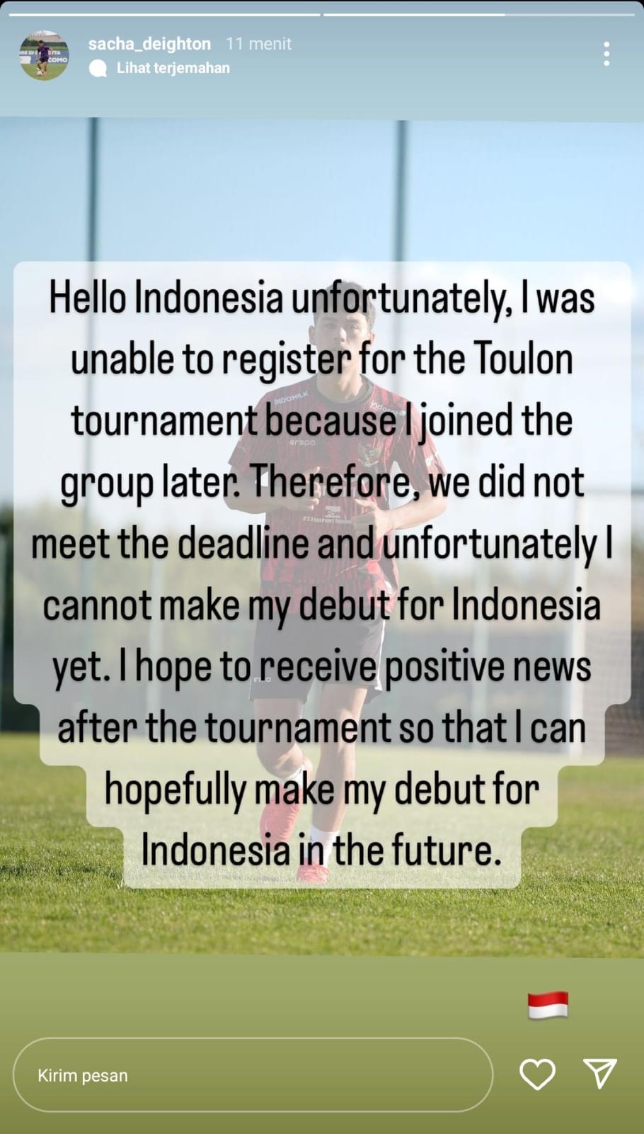 Sacha Deighton gagal bela Timnas Indonesia di Tpulon Cup 2024