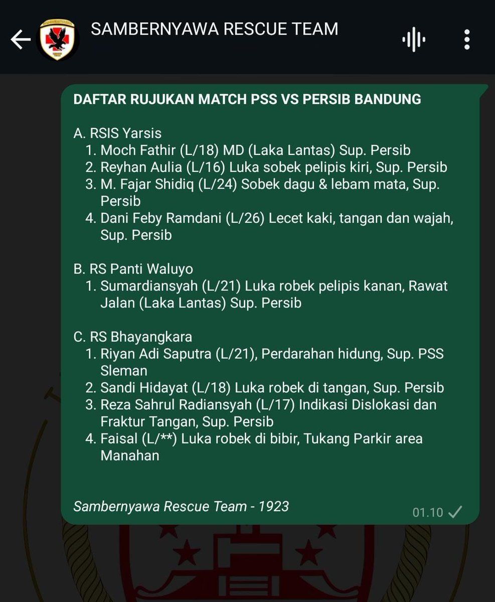 Daftar korban usai laga PSS vs Persib di Stadion Manahan Solo/foto: X/@SRT1923